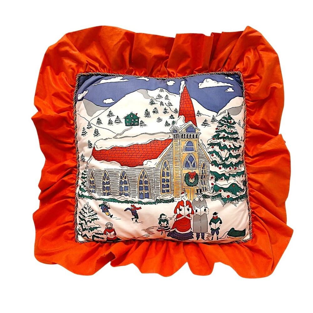 Vintage Christmas 18" Pillow Red Ruffles Carolers Church Snow Mountain Cottage